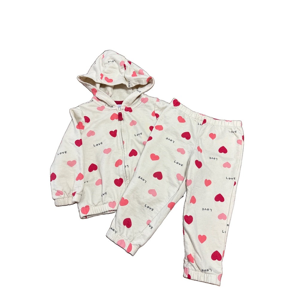 Carters Cozy Girls Zip Up Hoodie & Pants Knit Set LOVE 💕 Print Adorable 18 Mos